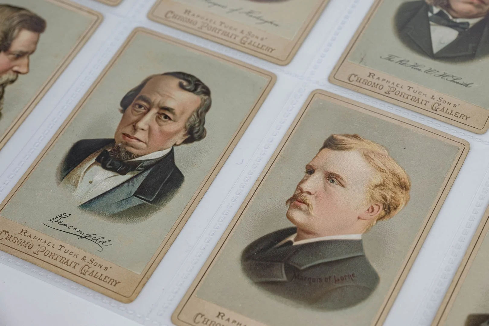 Collection of large vintage cigarette cards by Raphael Tuck & Sons from their Chromo Portrait Gallery featuring historical figures