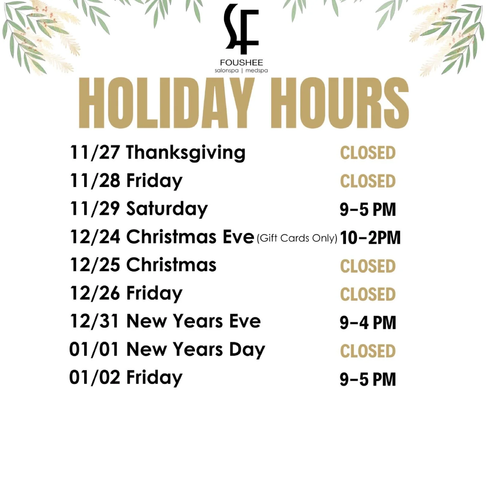 Here are our upcoming holiday hours! 

#fousheesalonspa #foushee #salonspa #denver #salon #holiday #holidayhours