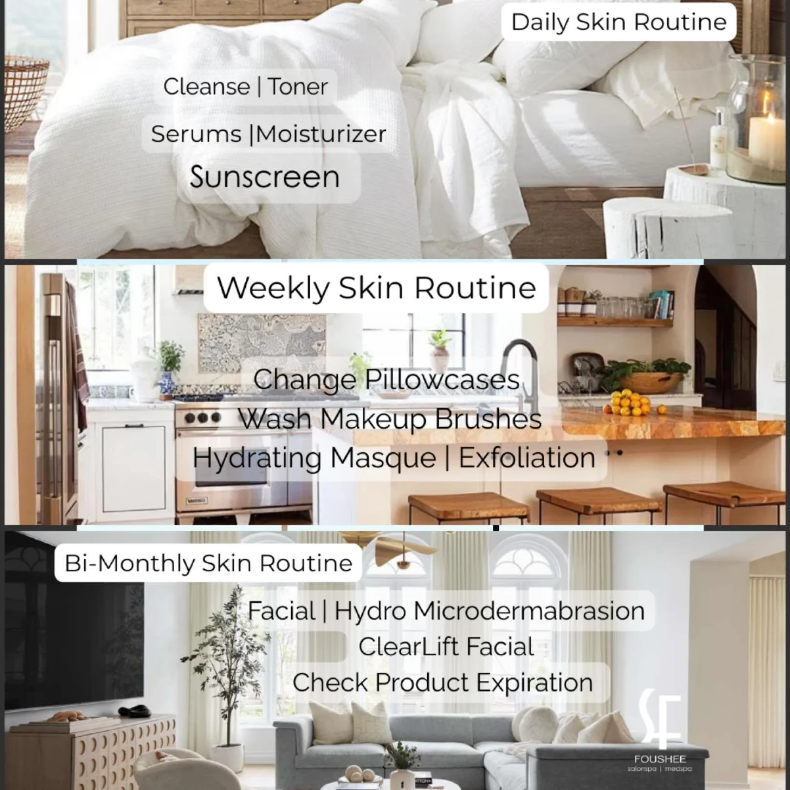 Not sure how to keep your skin glowing? 
Start with these basic daily, weekly, and bi-monthly routines 

#fousheesalonspa #skincare #facial