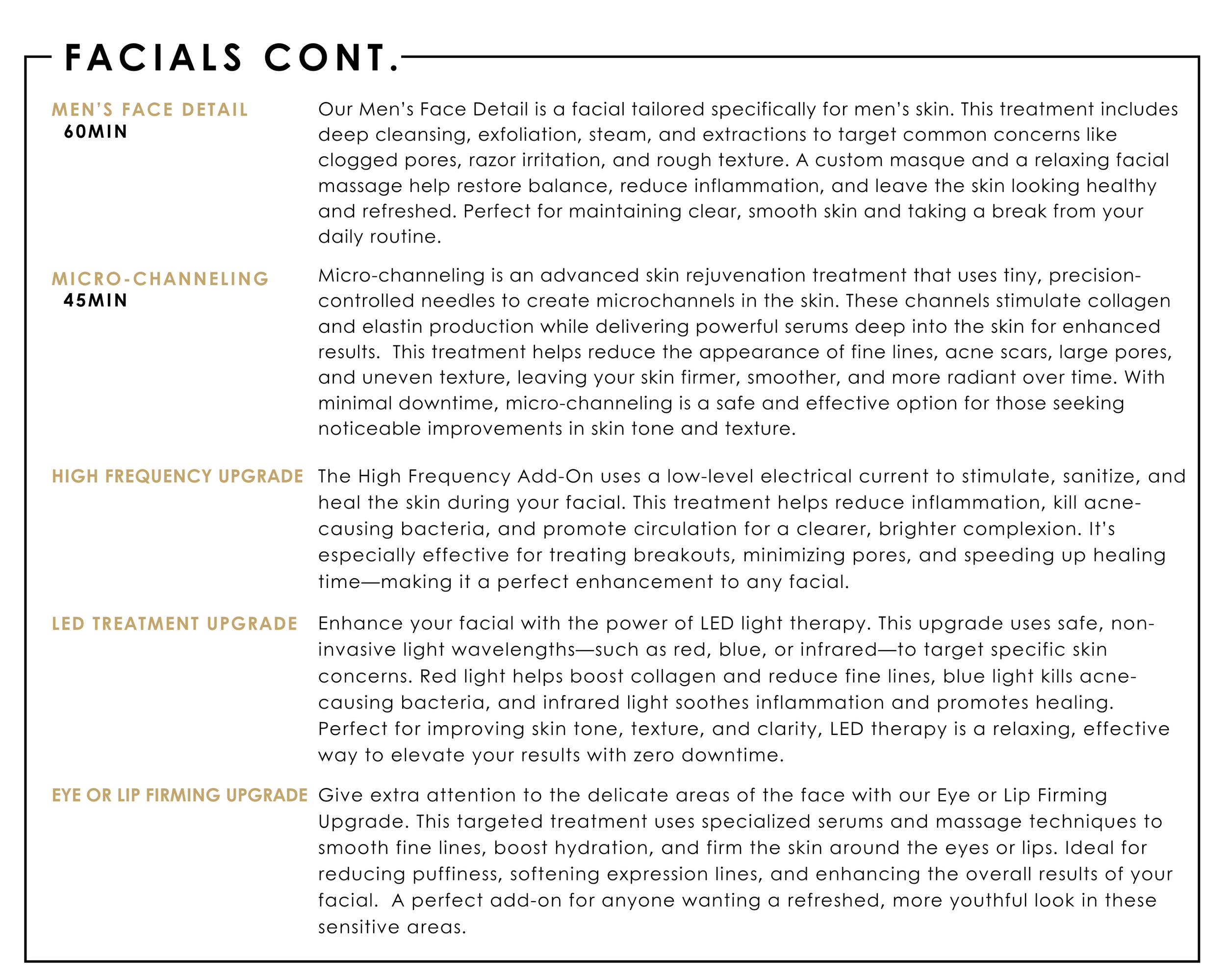 Description of a skincare treatment menu listing facial options including Men's Face Detail, Micro-Channeling, High Frequency Upgrade, LED Treatment Upgrade, and Eye or Lip Firming Upgrade with details on each treatment's purpose and benefits.