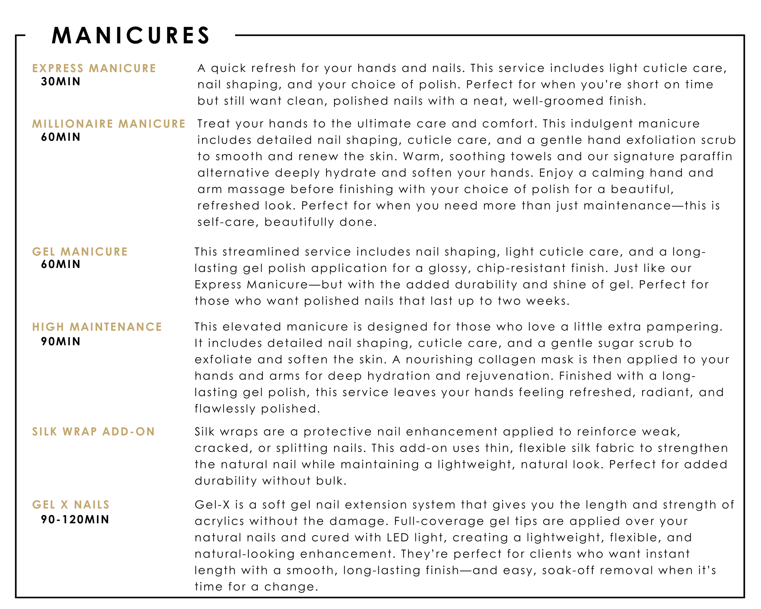 Manicure service menu with various options and descriptions.