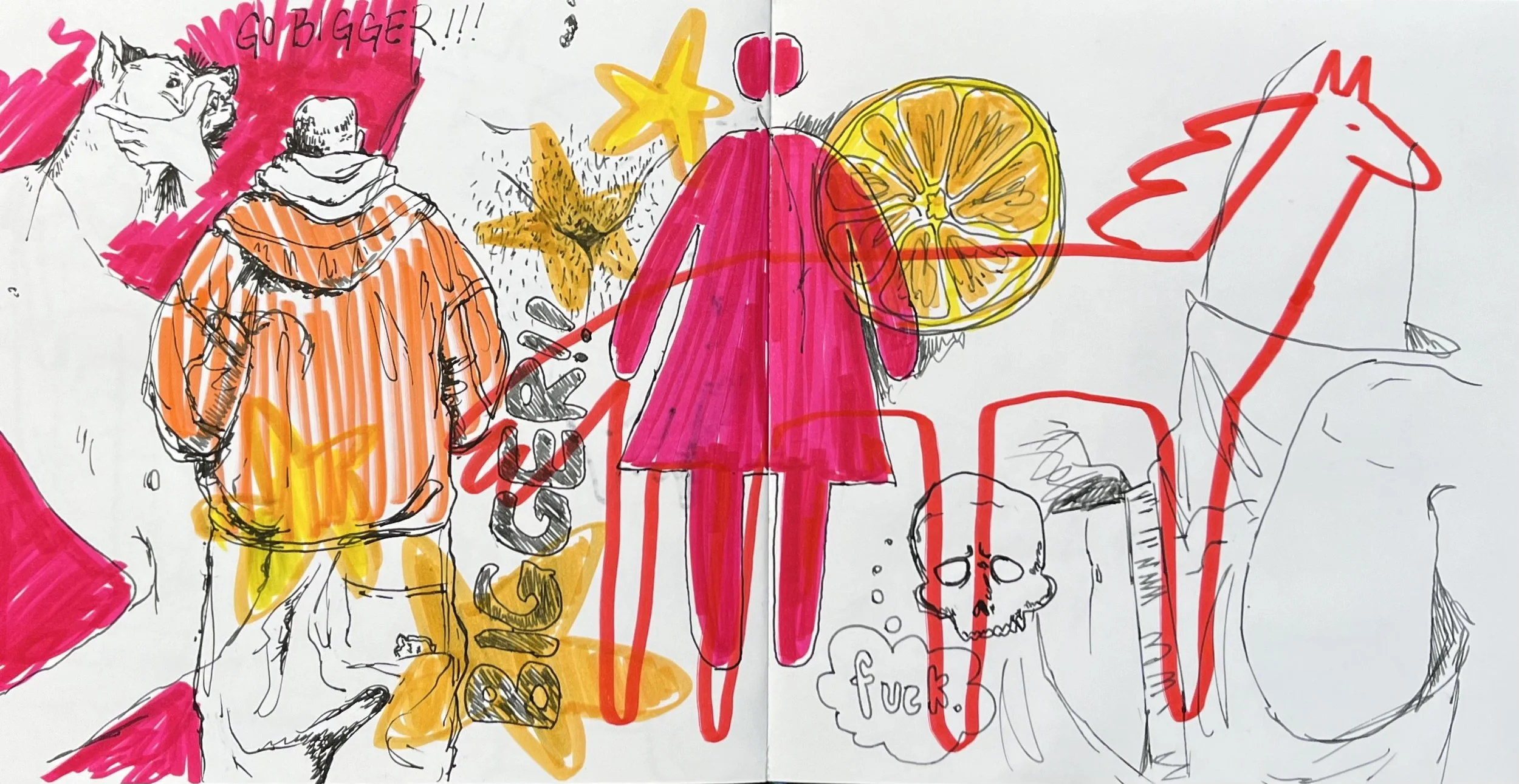 big sketch, marker in sketchbook, 16”x8”, 2024
