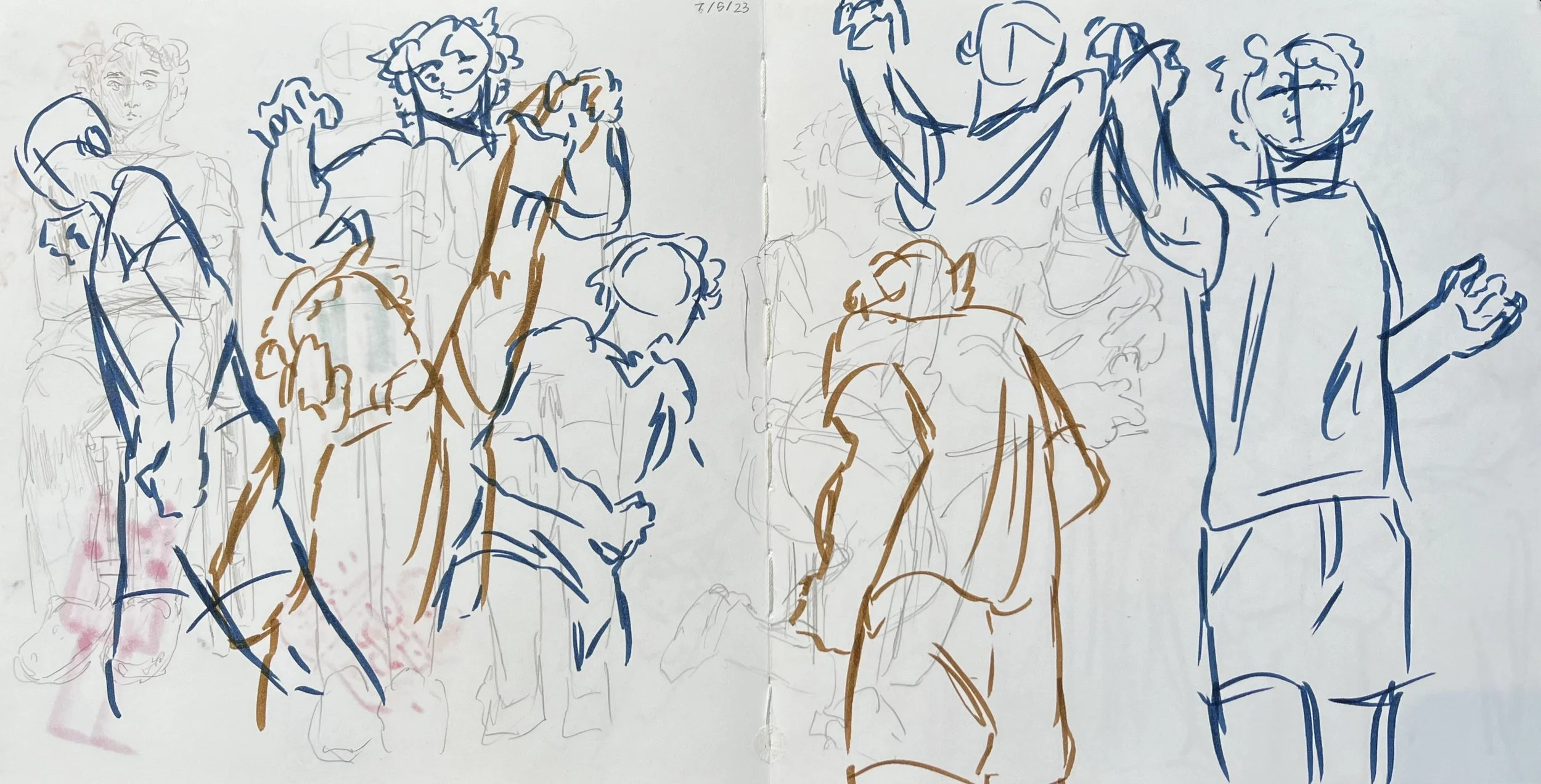 gesture studies, marker in sketchbook, 16”x8”, 2023