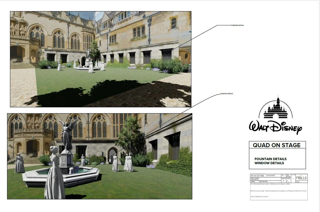 Design renderings of an outdoor courtyard in a historic building, featuring a fountain with a statue, mannequins dressed in period costumes, and large arched windows.