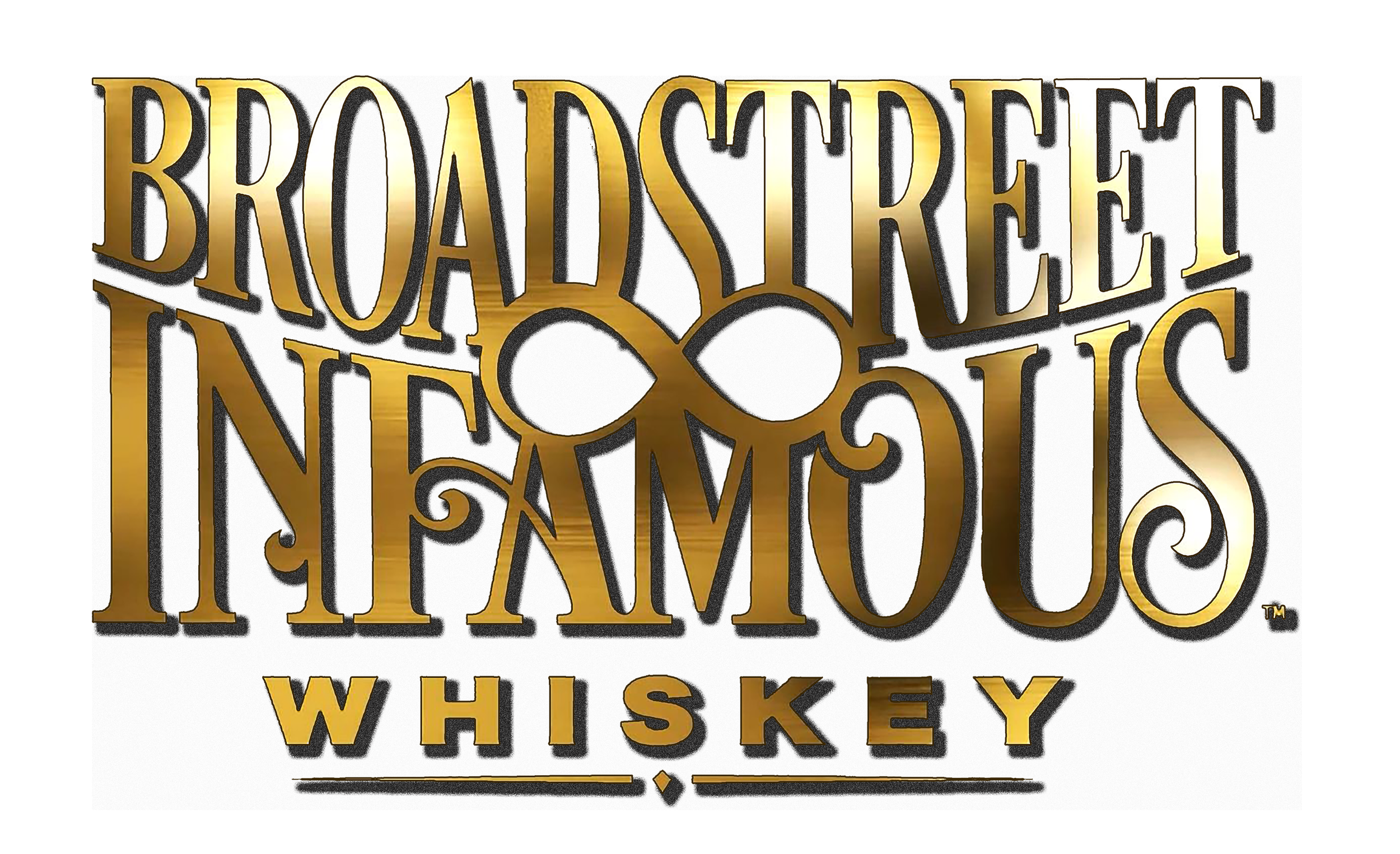 Logo for Broadway Inn & Moustique Whiskey with gold text and design elements on a black background.