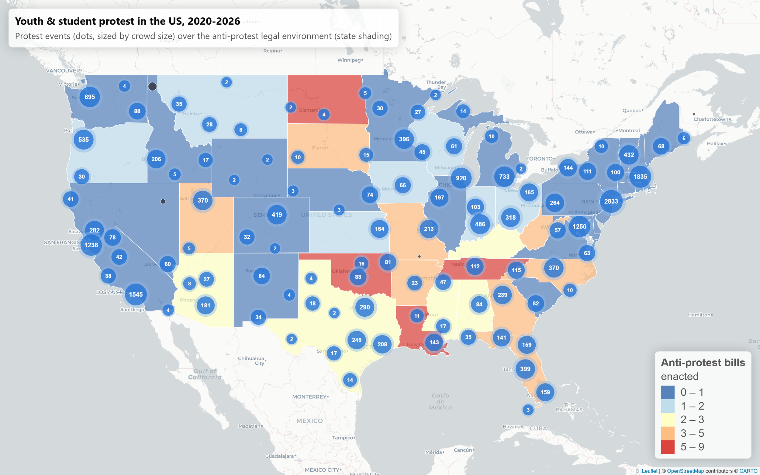 A map of the United States with numbers showing  counts of protests and anti-protest laws per state