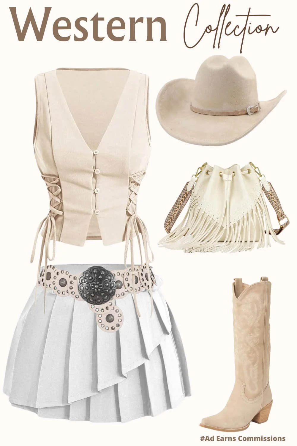 A soft, all-neutral western outfit collage featuring a beige lace-up vest top, a white pleated asymmetrical mini skirt, a cream studded concho belt, suede embroidered cowboy boots, a cream wide-brim cowboy hat with silver buckle, and a white fringe crossbody bag