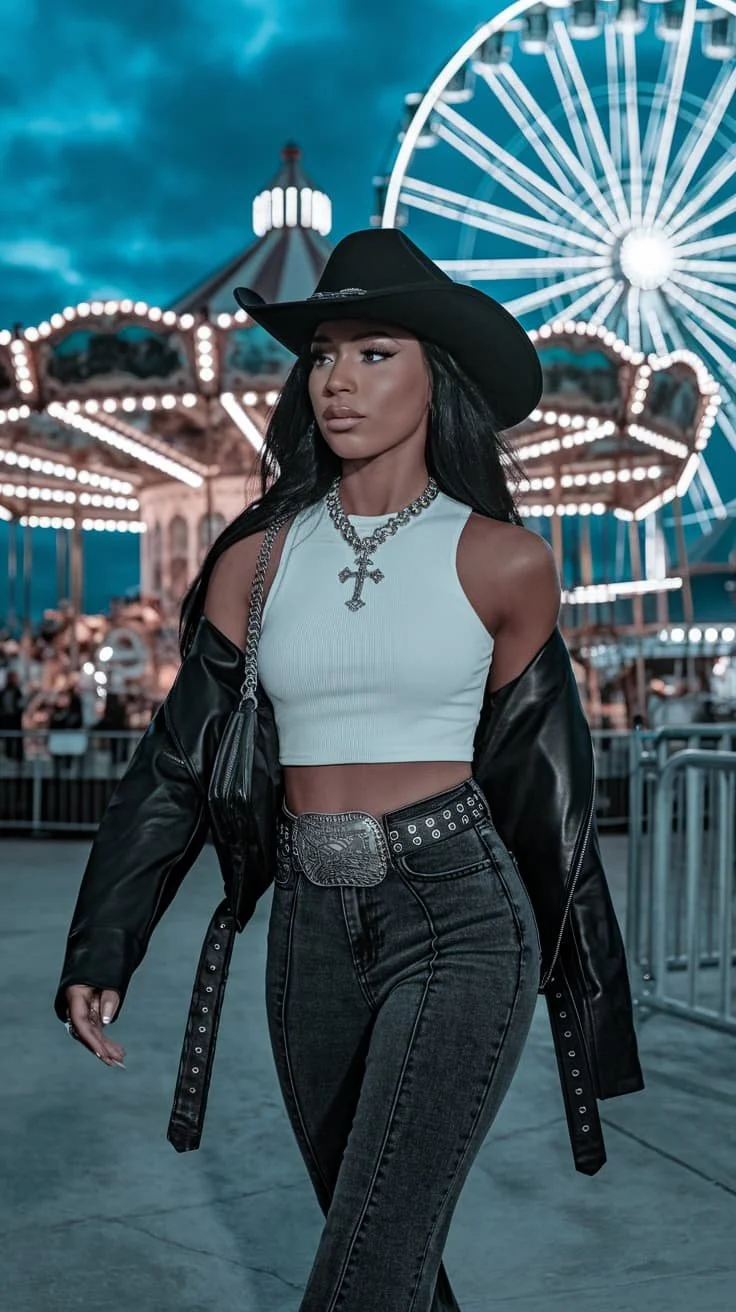  A stylish woman in a  black cowboy hat ,  white crop top , and  high-waisted black jeans  with a  silver belt buckle , walking through a nighttime fairground with a Ferris wheel and carousel lights in the background. 