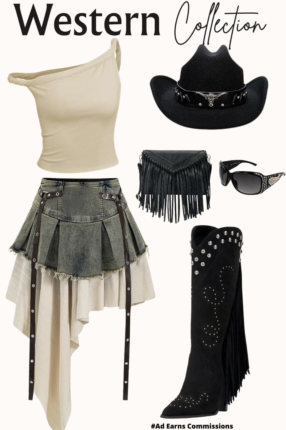  A  western-inspired outfit collage  featuring a beige one-shoulder top, a layered denim and fabric skirt with belt details, black studded fringe cowboy boots, a black cowgirl hat with silver accents, a black fringe handbag, and rhinestone-studded sunglasses 