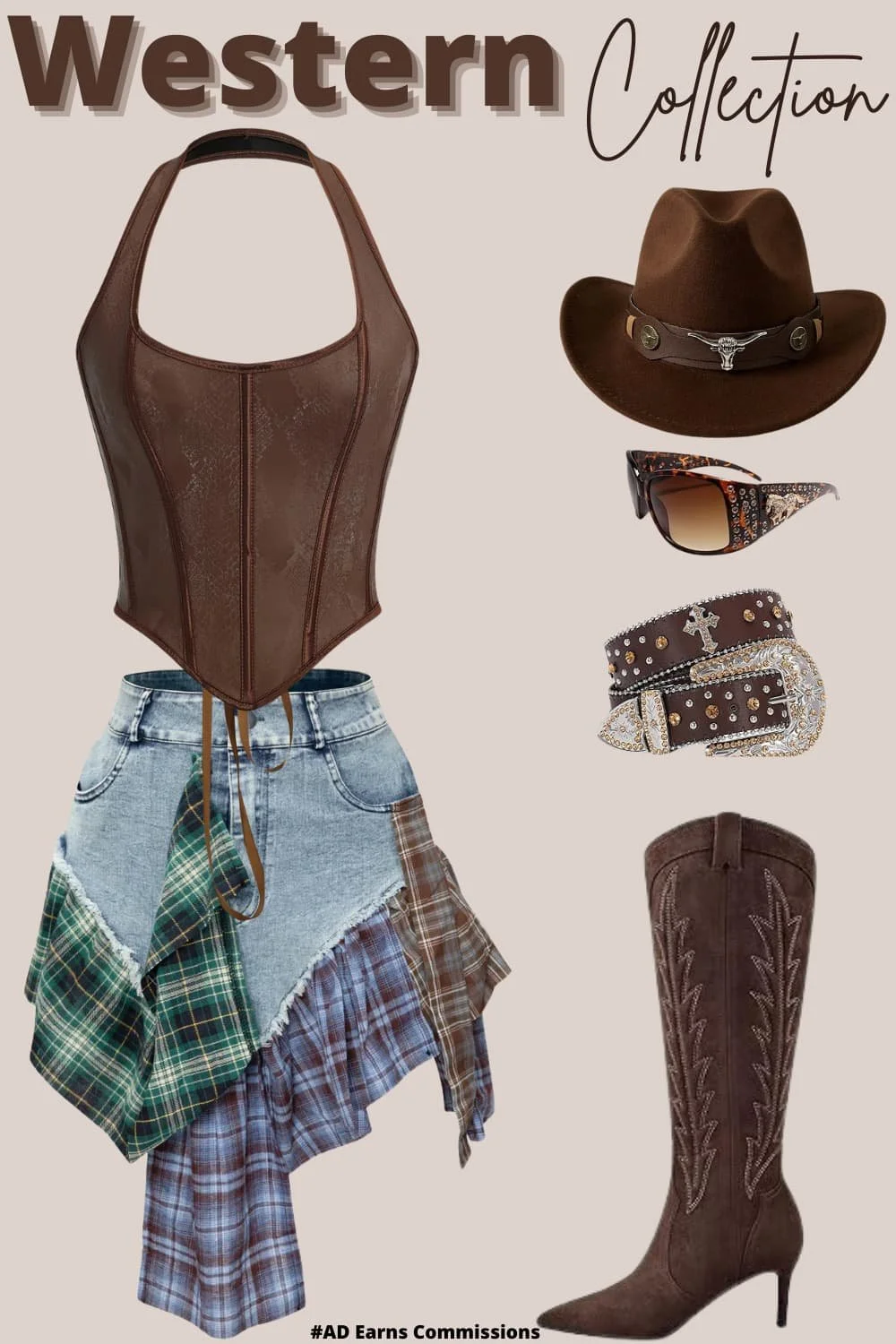  📌  Pin it for your next concert slay!    Western Collection  blends  rustic cowgirl and edgy glam  with bold statement pieces. The outfit includes:  A   brown faux snakeskin corset top ,  structured and sleek.  A   patchwork denim and plaid skirt   