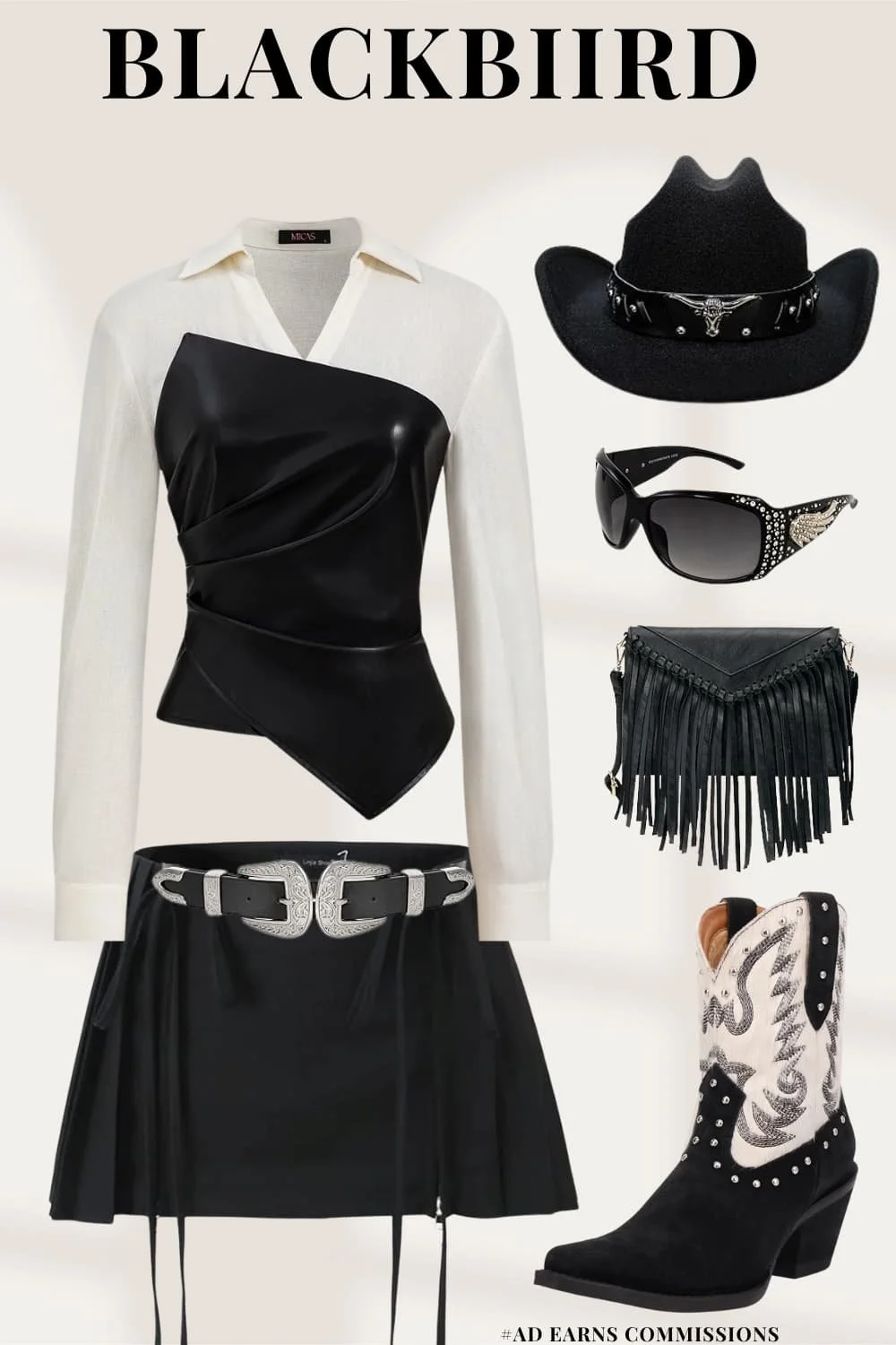  📌 Pin it for your next concert slay!    Blackbiird Collection  is a bold and modern take on Western fashion, blending classic cowgirl elements with  sleek, high-fashion edge . The look features:  A   black and white asymmetrical top  , combining leather and knit textures.  A   pleated black mini skirt   
