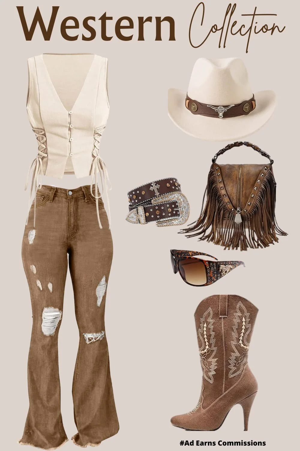 A modern cowgirl outfit collage featuring a beige lace-up vest top, brown distressed flare jeans, a rhinestone western belt, brown embroidered high-heel cowboy boots, a cream cowboy hat with silver bull detailing, a brown studded fringe handbag, and rhinestone-studded sunglasses