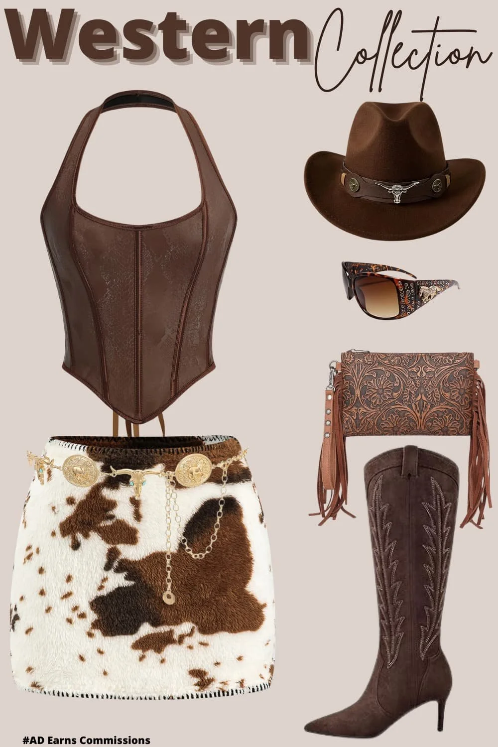  📌   Pin it for your next concert slay!     Western-inspired outfit collage  displayed on a neutral beige background, featuring a mix of textures like leather, suede, and cow-print faux fur 