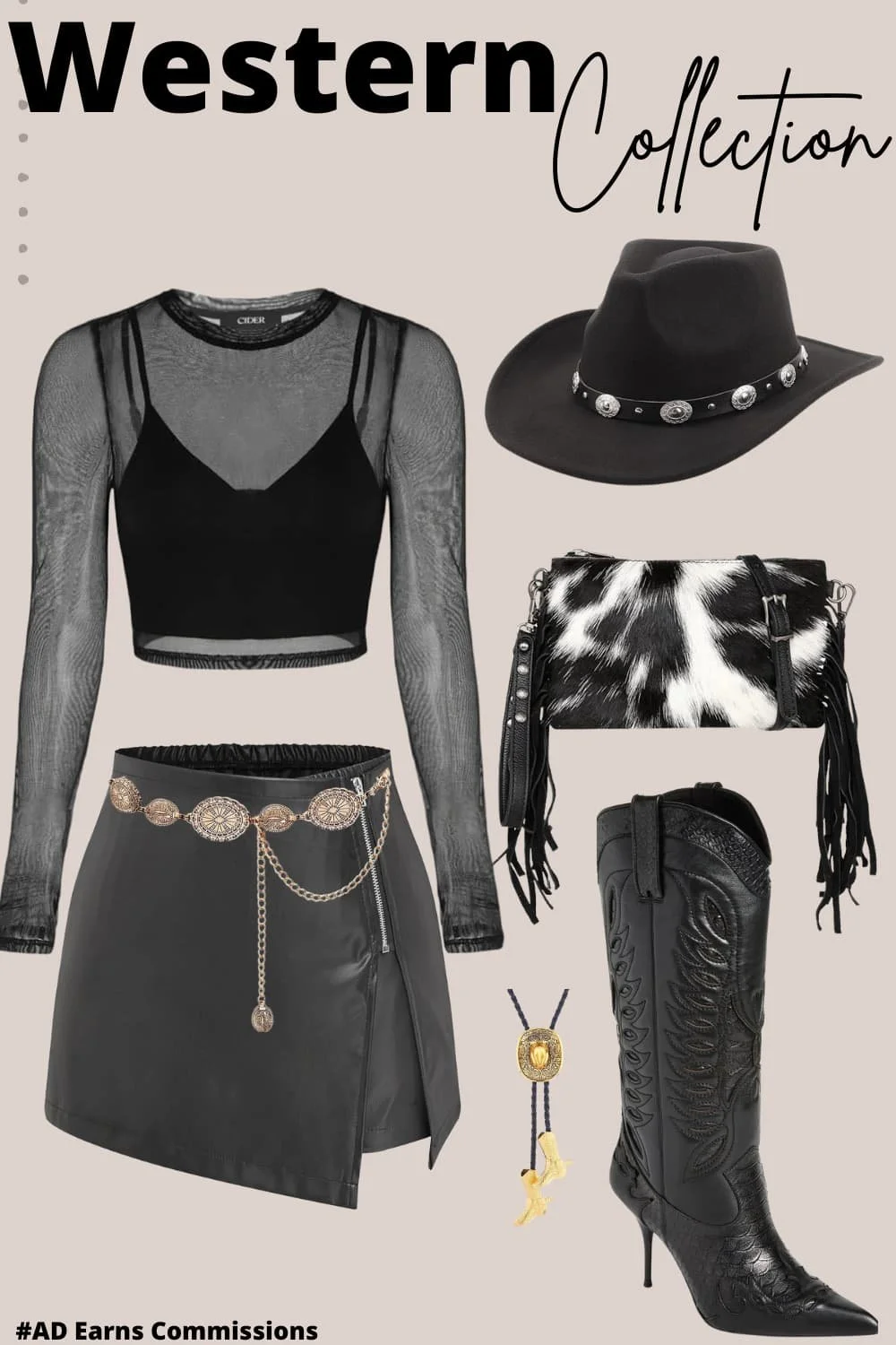  📌 Pin it for your next concert slay!    all-black Western collection  blends cowgirl edge with a sleek, high-fashion aesthetic. The outfit includes:  A   black sheer mesh long-sleeve top   layered over a cropped cami.  A  black faux leather asymmetrical mini skirt ,  
