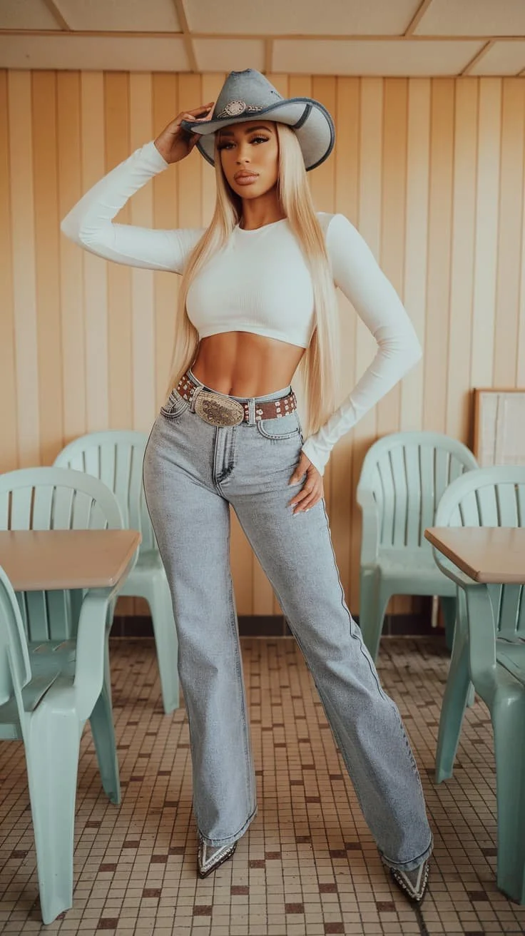  A stylish woman with long blonde hair poses confidently in a  white crop top, high-waisted light-wash jeans, a concho belt, a denim cowboy hat, and rhinestone boots  