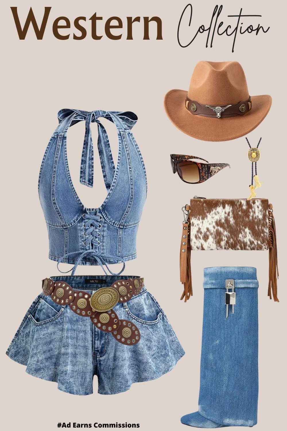  A  western denim cowgirl outfit collage  featuring a lace-up denim halter top, flared denim shorts, denim wedge cowboy boots, a brown western statement belt, a tan cowboy hat with silver bull detailing, a cow print fringe handbag, a bolo necklace with cowboy boot charms, and rhinestone-studded sunglasses. 