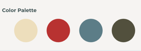 Color palette selections in beige, red, blue-gray, and olive green, Charleston interior design project