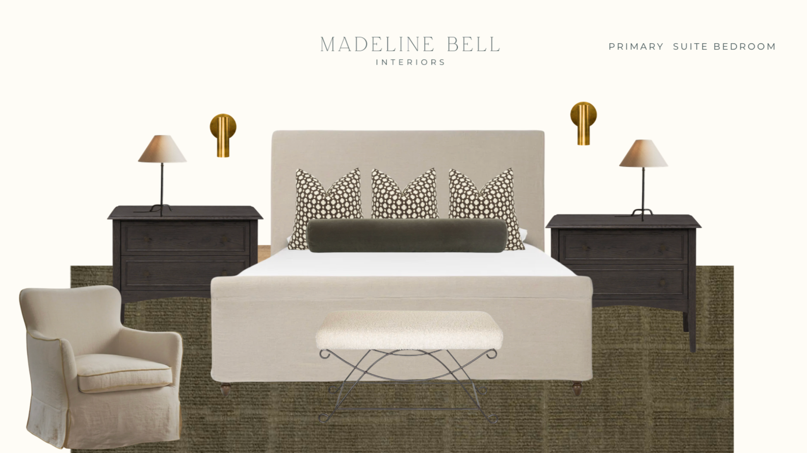 Primary bedroom with black nightstands, beige armchair, and upholstered bench, North Bend interior design project