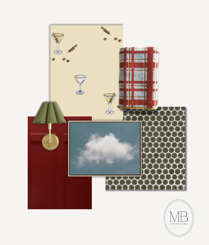 Collection of interior design samples including patterned wallpaper, a framed cloud sky photograph, a green wall lamp, a red and white plaid towel, a beige paper with cocktail and olive illustrations, and a polka-dot fabric.