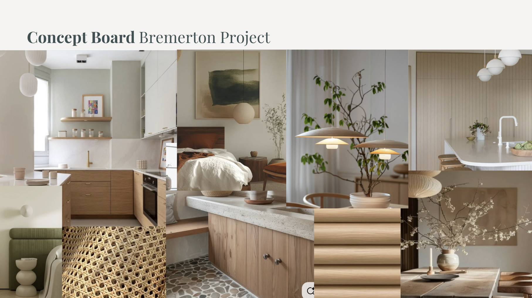 Collage of interior design images showcasing a modern kitchen, bedroom, dining area, and living space with neutral tones, natural materials, and minimalist decor.