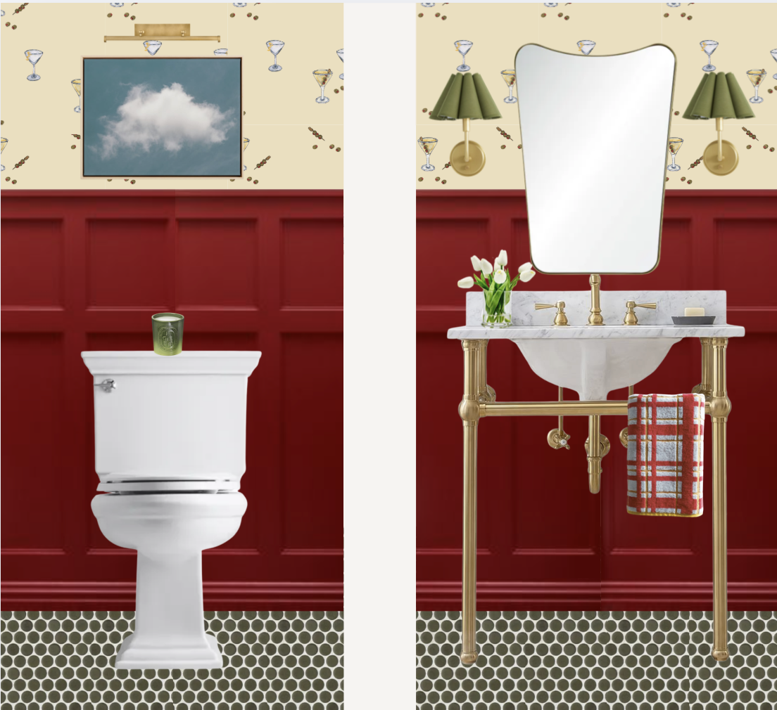 Bathroom with martini-glass wallpaper, marble vanity, and hexagonal tile floor, Charleston interior design project