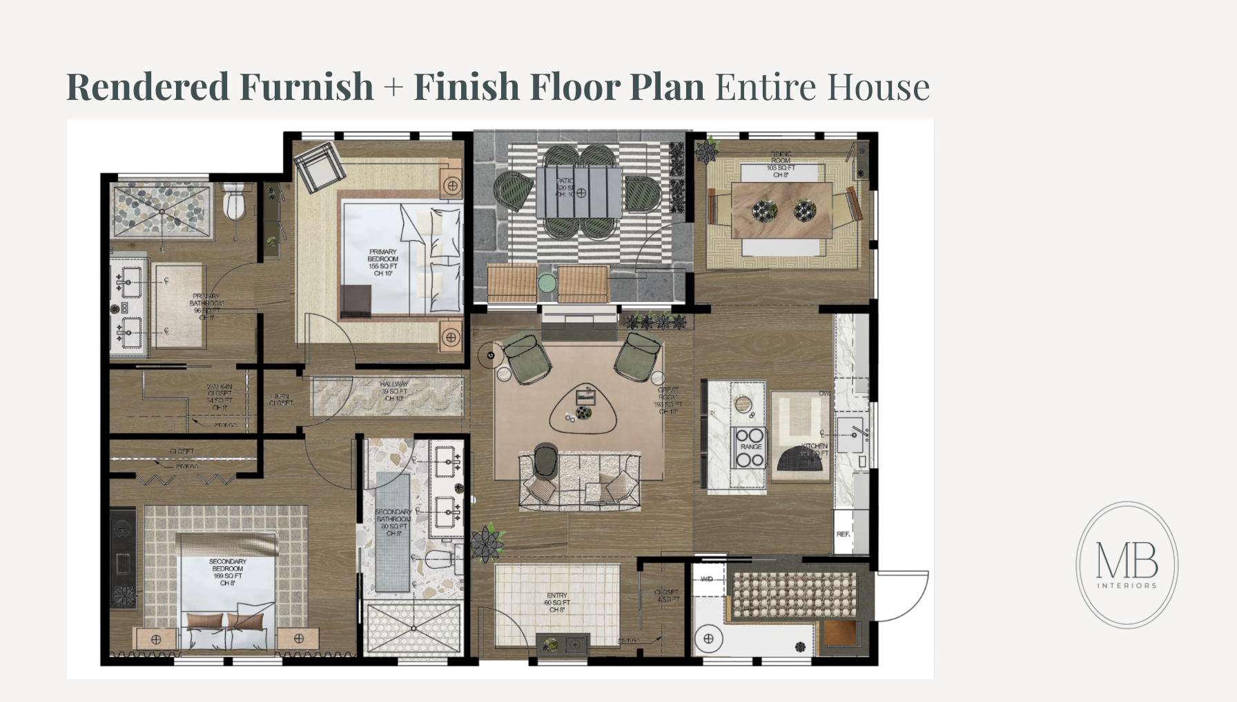 Floor plan with labeled rooms and furniture layout, Bremerton interior design project
