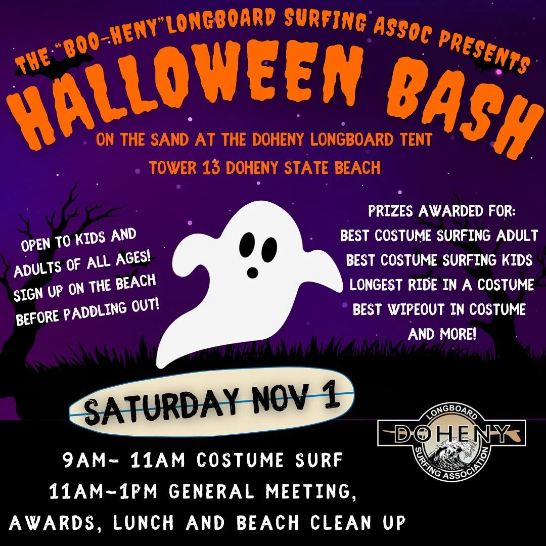 Happy Halloween Friends and Family. 
We are stoked to share with you the fun times we have planned for you at the November general meeting. 
We will be having the Boo-heny Longboard Surfing Association’s Halloween Bash on Saturday, November 1