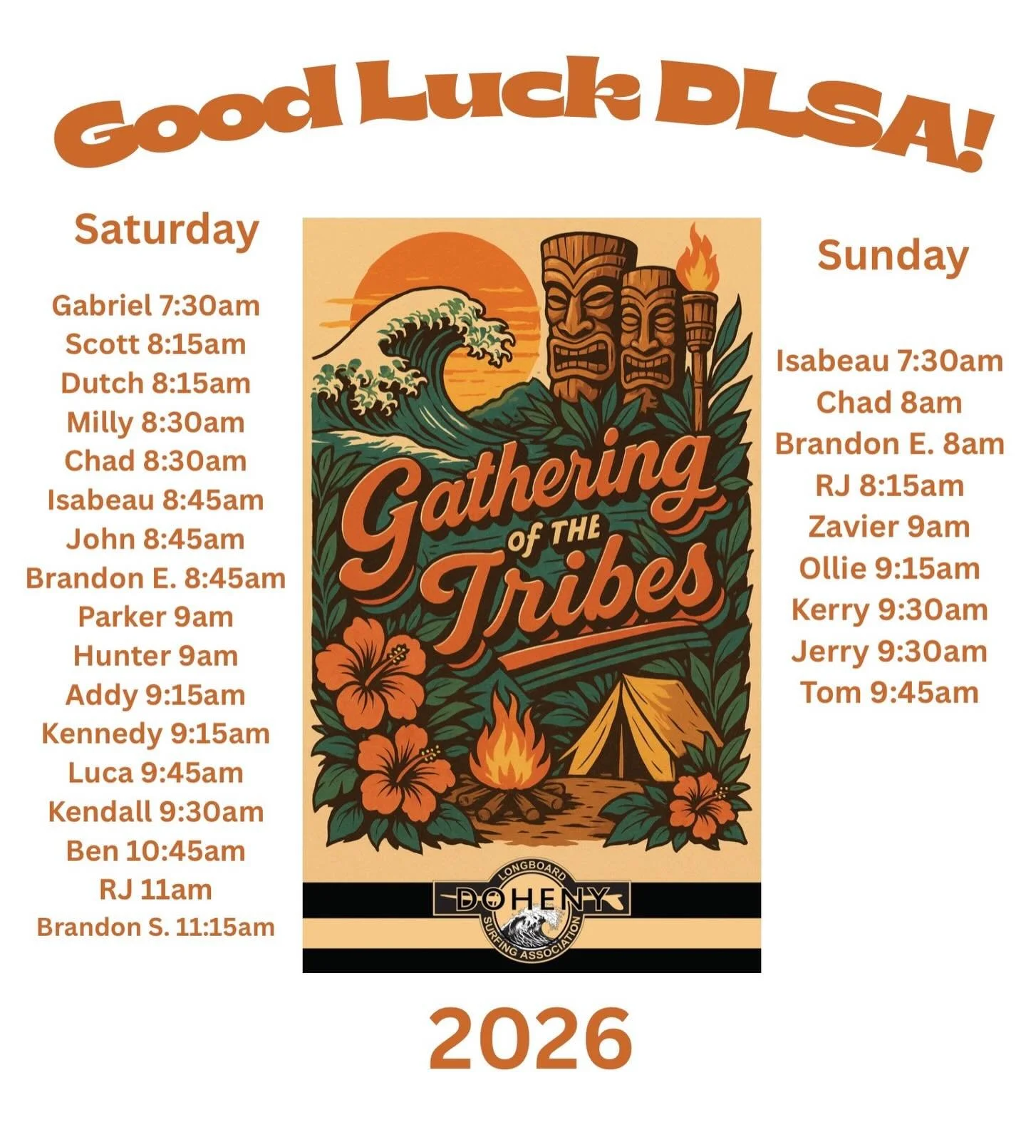 This weekend!!! 

DLSA team members. We are stoked to have all of you shredding this weekend and cannot wait to see the other clubs at the 20026 Gathering of the Tribes. 

Make sure to get there early before you heats!!!

Good luck everyone!!!

#dohe