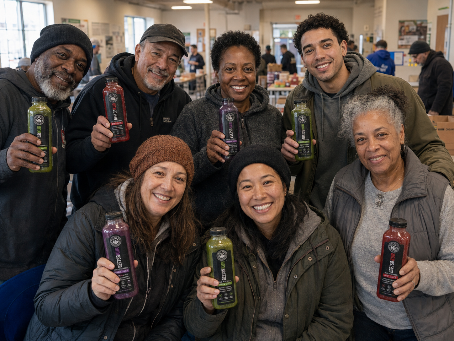 Group of diverse people in a community center holding bottles of juice, smiling at the camera.