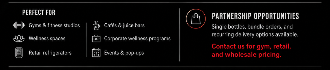 A black sign listing business services including gyms, wellness spaces, retail refrigerators, cafes, juice bars, corporate wellness programs, and events. It also mentions partnership opportunities with a red warning to contact for pricing.