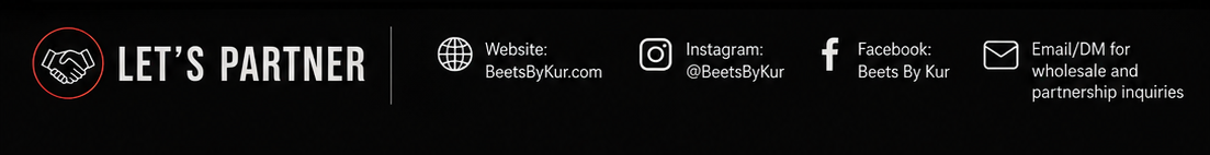 Black banner with white text and icons, promoting partnership; includes website, Instagram, Facebook, and email contact details.