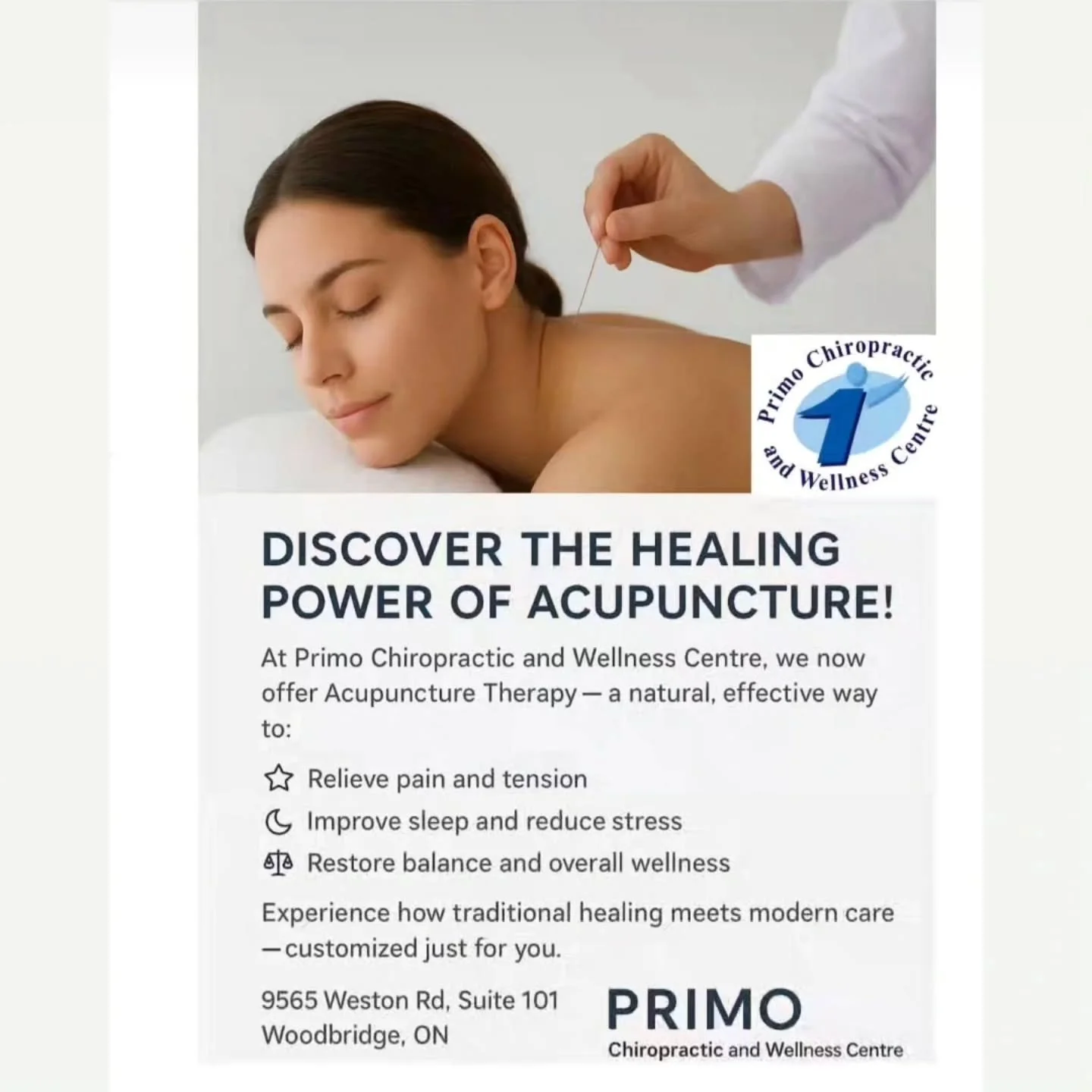 Research shows that acupuncture can be a safe, effective component in managing various types of pain and promoting overall wellness. 
At Primo Chiropractic and Wellness Centre, our certified acupuncturists deliver individualized treatments that go b