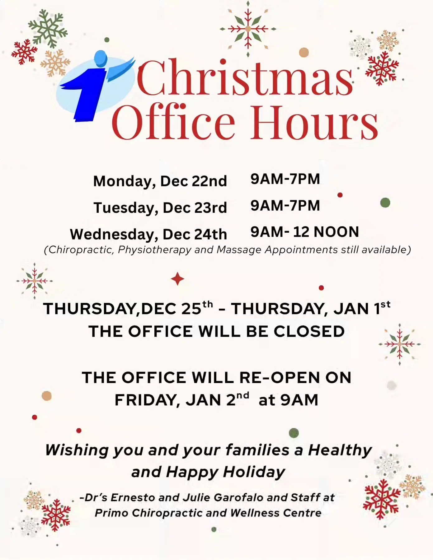 Christmas Holiday is quickly approaching!

💥Book your chiropractic, massage and physiotherapy sessions before we close for the Christmas holiday.🎄

#christmas
#PrimoChiropractic 
#physiotherapy 
#chiropractic 
#acupuncture