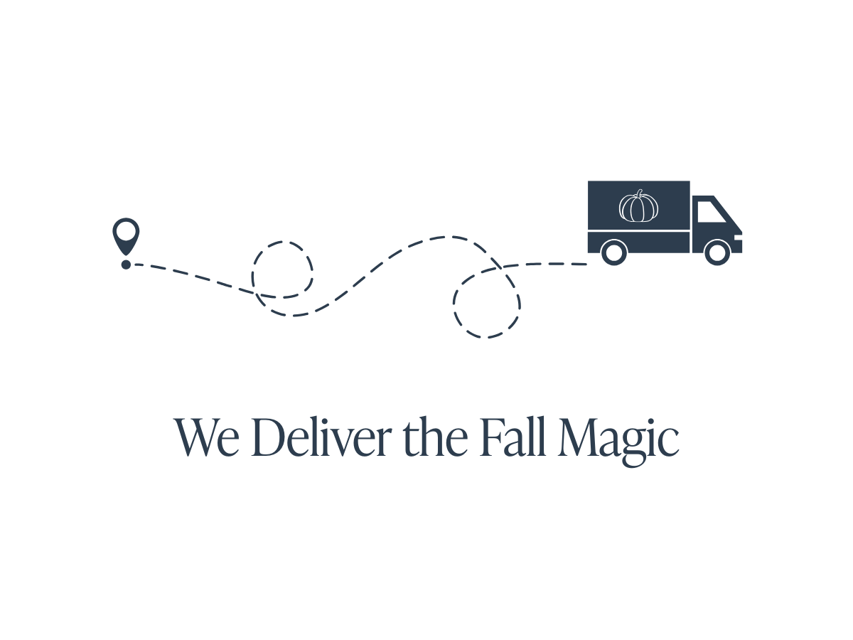 A graphic of a delivery truck with a pumpkin illustration on its side, a dotted path connecting a location pin to the truck, and the text "We Deliver the Fall Magic" beneath.