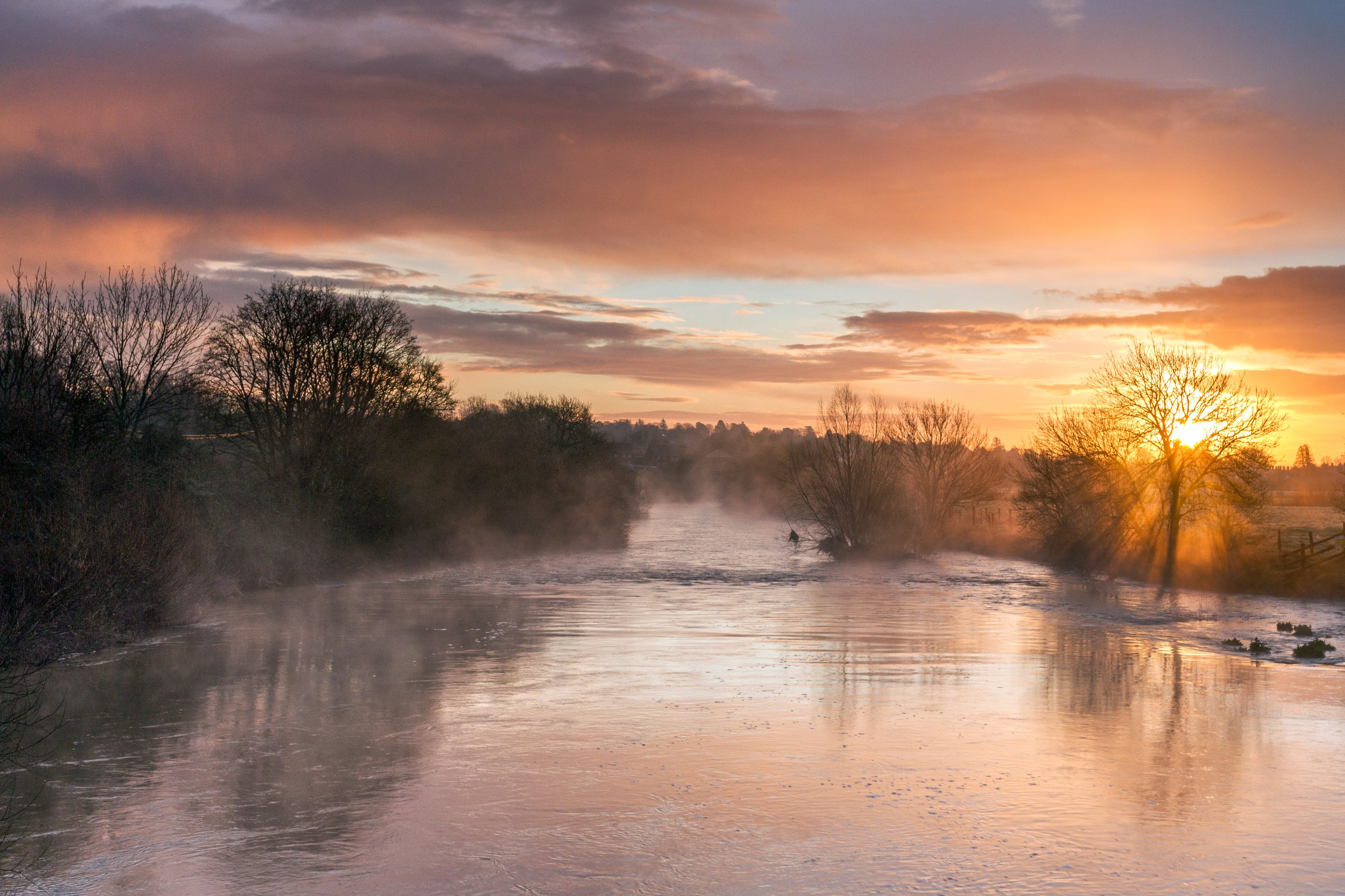 Sunrise over a river with mist rising, leafless trees on both sides, and colorful clouds in the sky.
