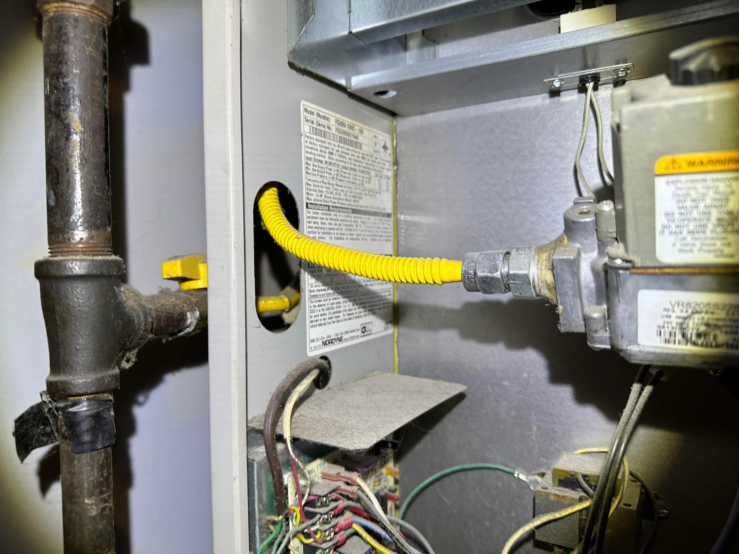 CSA B149.1 and Ontario's gas safety regulations, corrugated appliance connectors are not permitted for gas furnace installations, and they must not be installed inside a furnace cabinet. This requirement is in place because corrugated connectors are