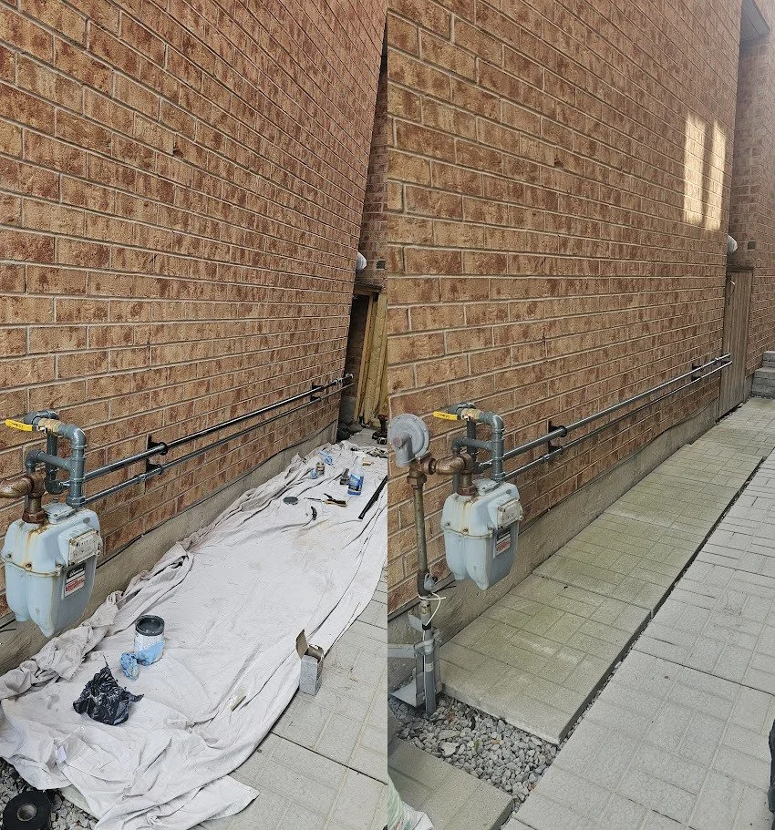 Side-by-side comparison of a brick house exterior showing the installation of new piping and a cleared pathway. On the left, the area is under renovation with tools, a cloth, and some construction materials. On the right, the pathway is clean and fin