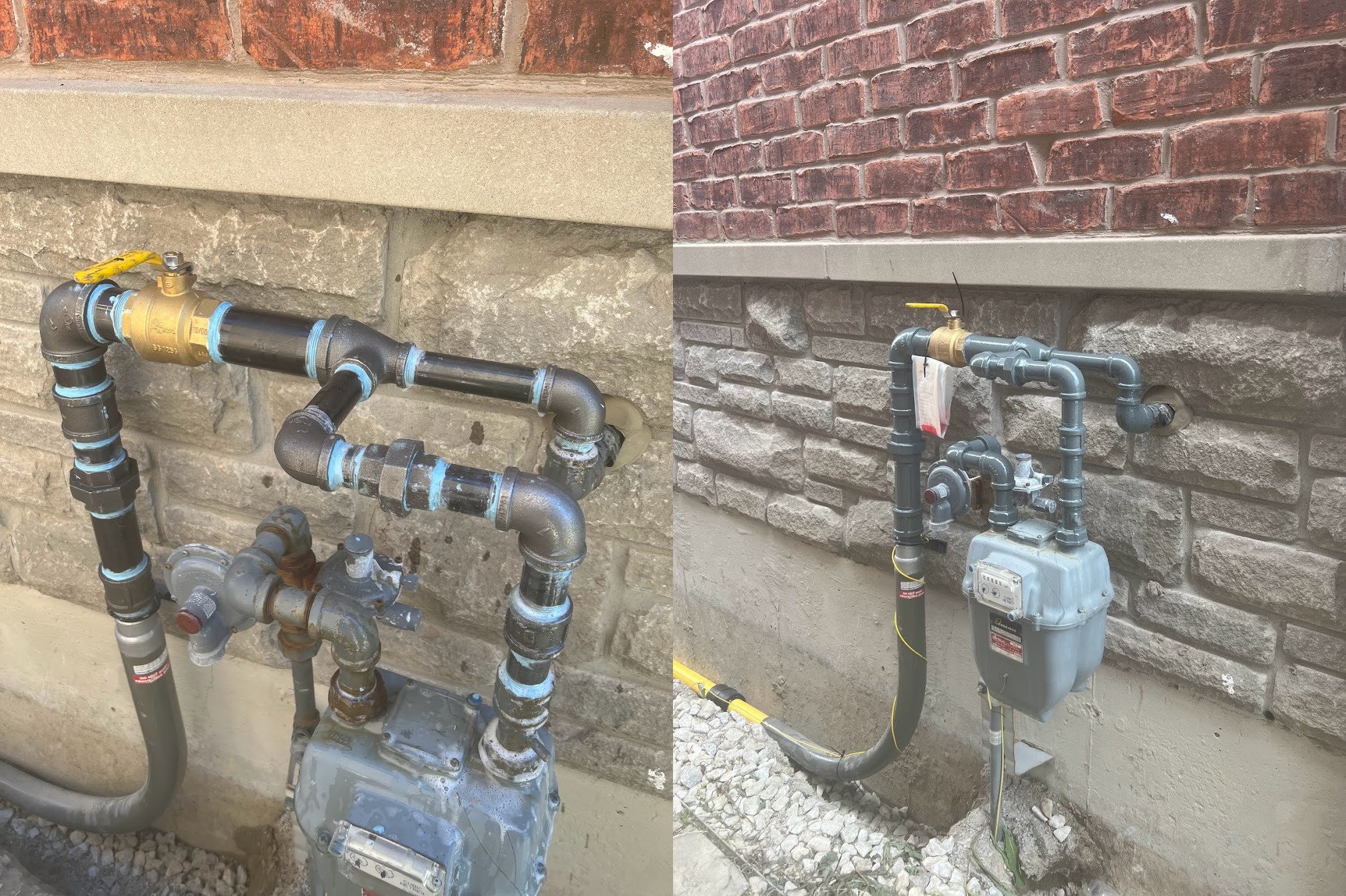 Comparison of two outdoor gas metering systems mounted on building exterior walls with brick and stone finishes.
