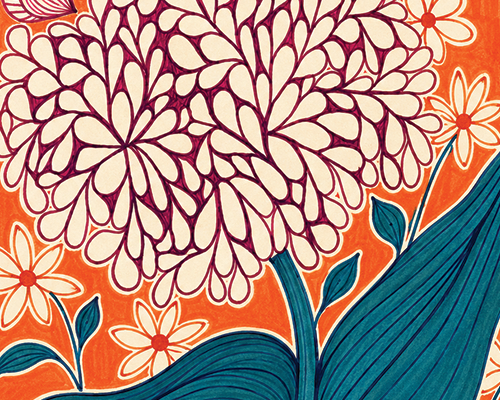 Close-up of a colorful floral pattern with large purple flower, orange background, and smaller orange and white flowers with green leaves and blue stems.