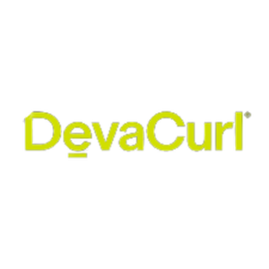 Text that reads 'Devacurl' in bright yellow with a purple curl design above the 'u'.  The background is black.