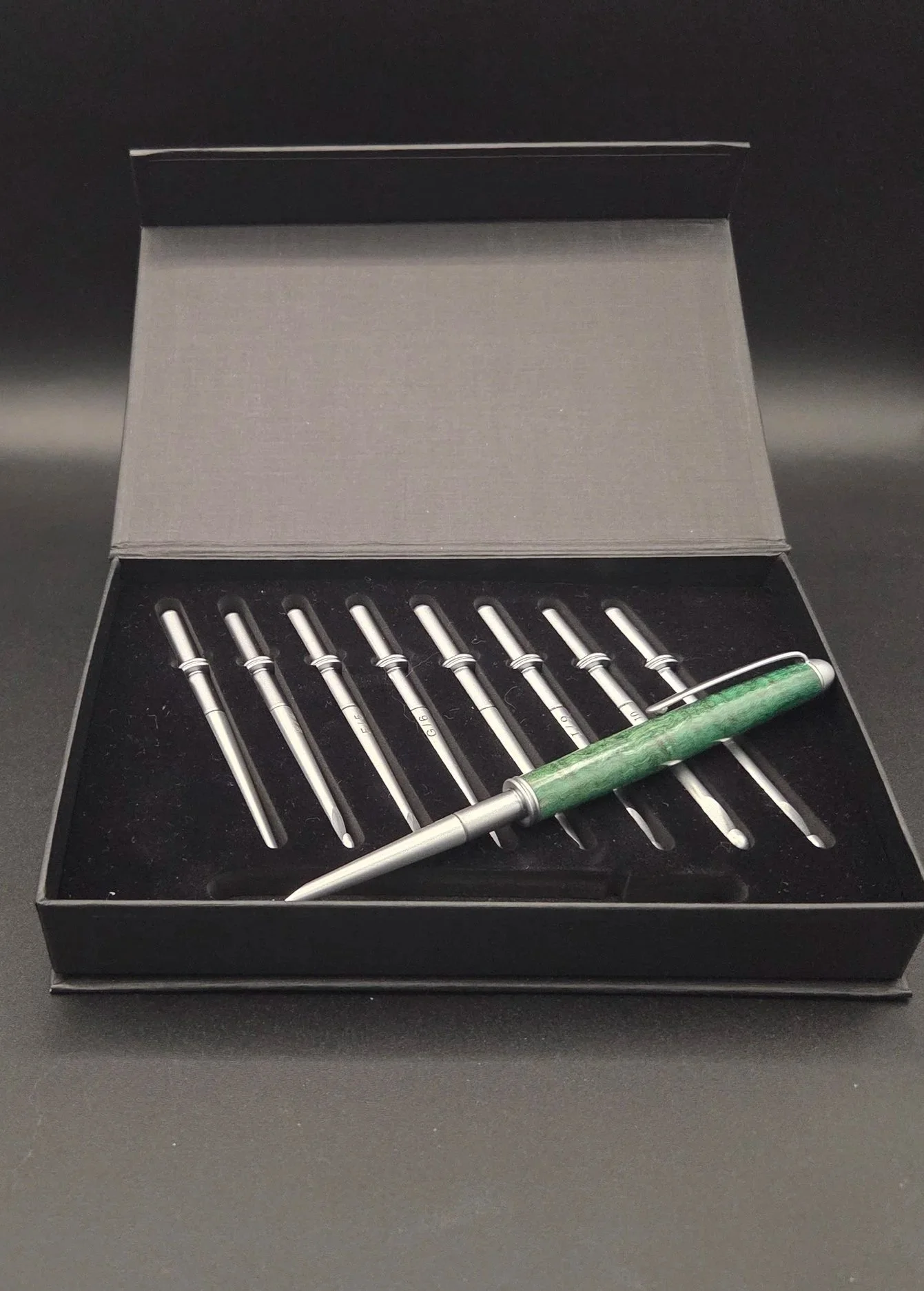 Hookin' Stick 10 piece set made from Green Dyed Curly Maple