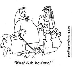 "What is to be done" cartoon of women talking to each other