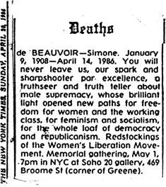 Image of newspapaer clipping announcing de Beauvoir memorial speakout