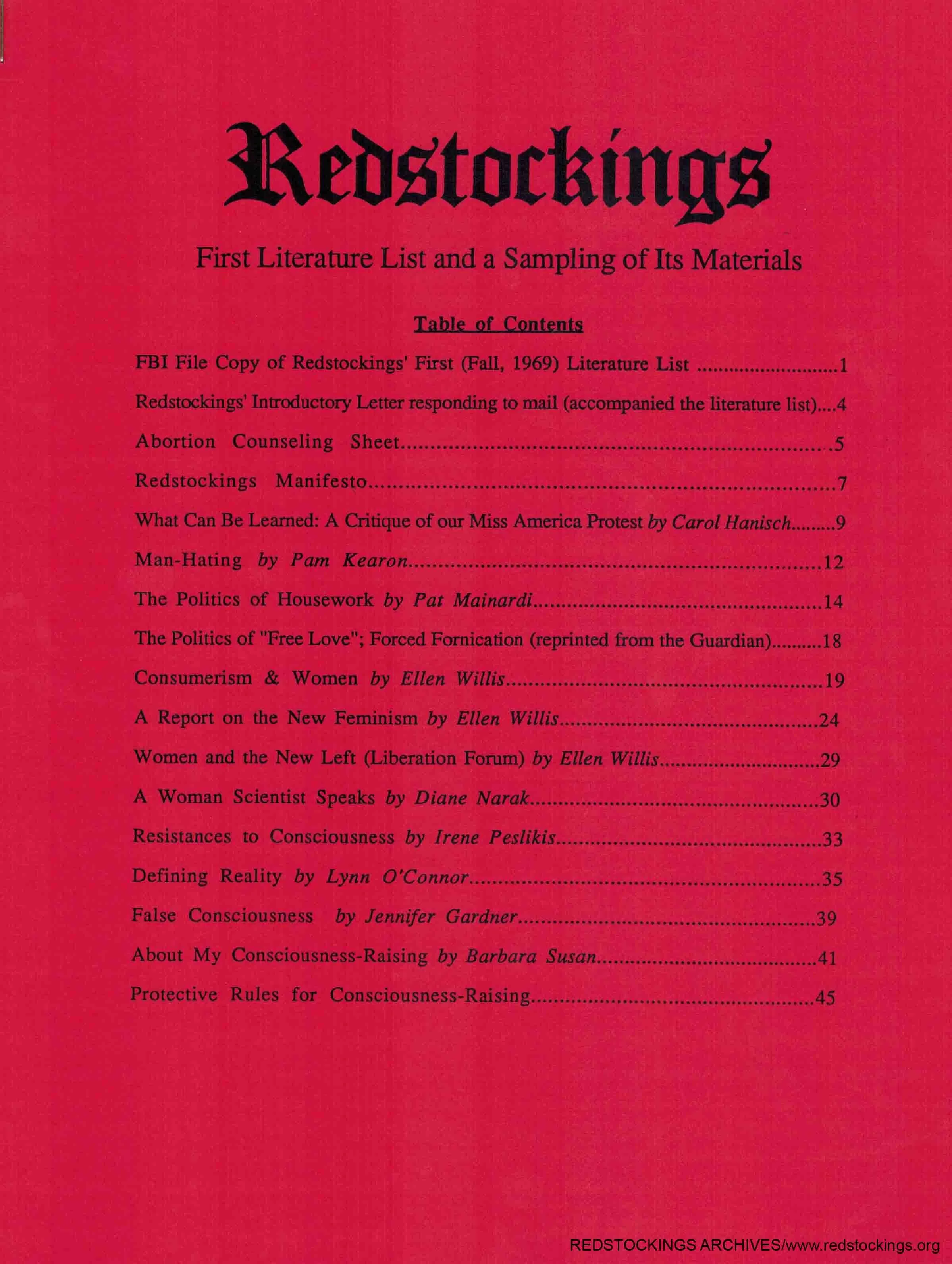 Table of contents of Redstockings First Literature List and a Sampling of It's Materials