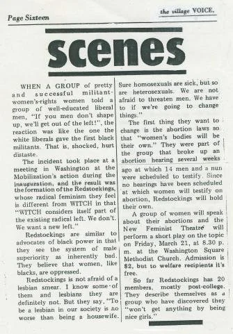 Image of The first press coverage of the name "Redstockings" in Village Voice