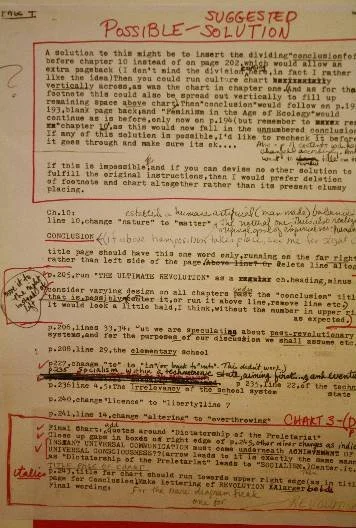 Photo of a working draft of The Dialectic of Sex with many editing notes
