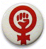 Image of a button of the women's liberation logo with fist in women's symbol