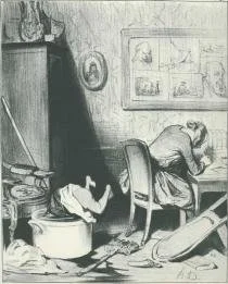 Drawing of a woman studying while housework and childcare work go undone