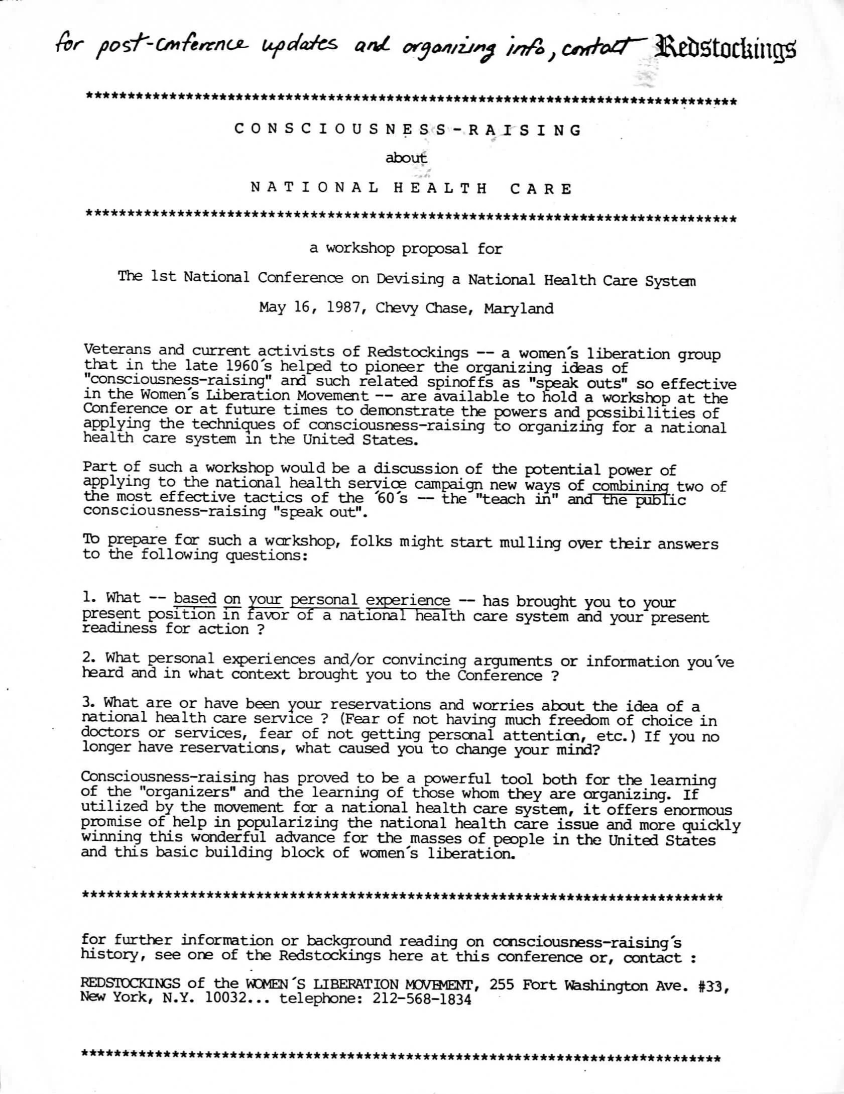 Photo of a proposal for a consciousness-raising workshop at a conference for devising a national health care system, May 16, 1987, Chevy Chase, Md.