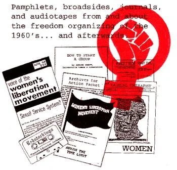 Collage of Redstockings pamphlets, journals, audio tapes, and broadsides